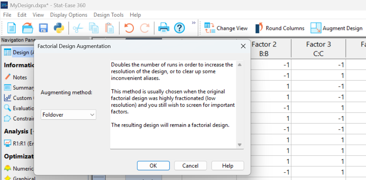 Figure 1: Using Stat-Ease software's augmentation to do a foldover