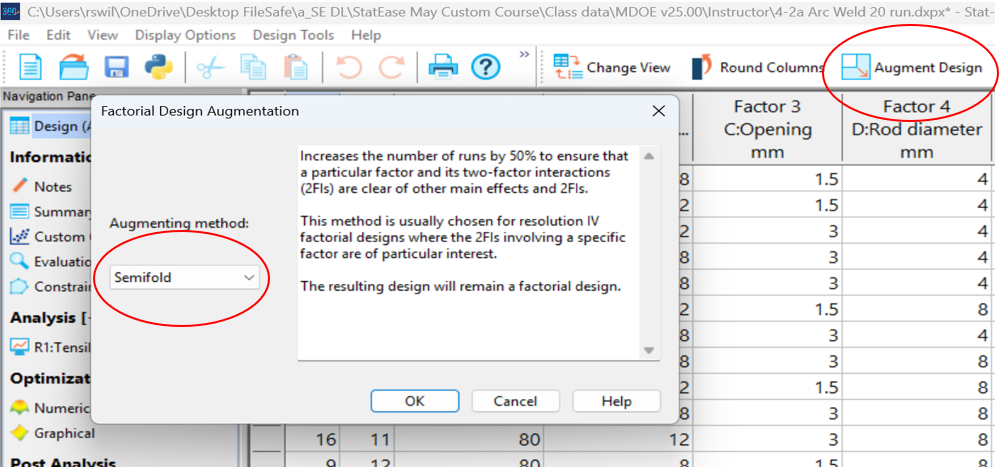 Augmenting a resolution IV design via a semifold