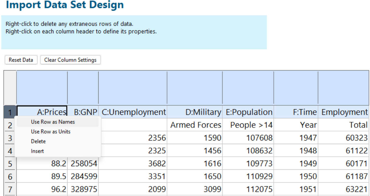 Identifying the first row of pasted-in Longley data as the factor names