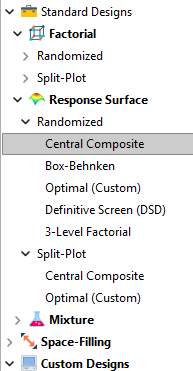 Stat-Ease 360 software screenshot showing the design selection panel, with the RSM designs expanded.
