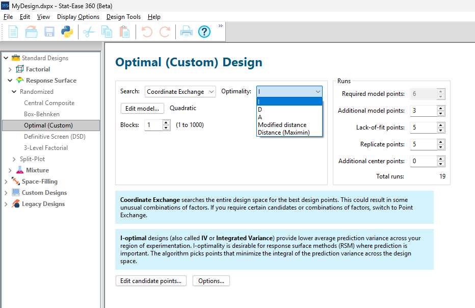 Stat-Ease 360 software screenshot showing the Optimal (Custom) Design screen.