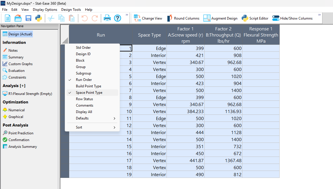 Stat-Ease 360 software screenshot showing the Optimal (Custom) Design screen.
