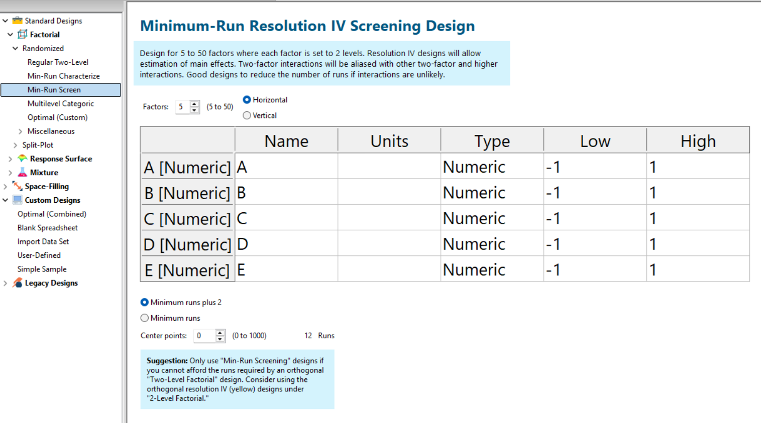 Screenshot from Stat-Ease software showing the Min-Run Screening design option.
