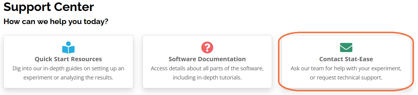 Screenshot of the Support Center page in a user's Stat-Ease website account, with the third option (Contact Stat-Ease) highlighted.